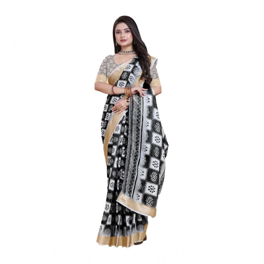 Amfyn Women's Linen Printed Saree With Unstitched Blouse (Black, 5-5 Mtrs)