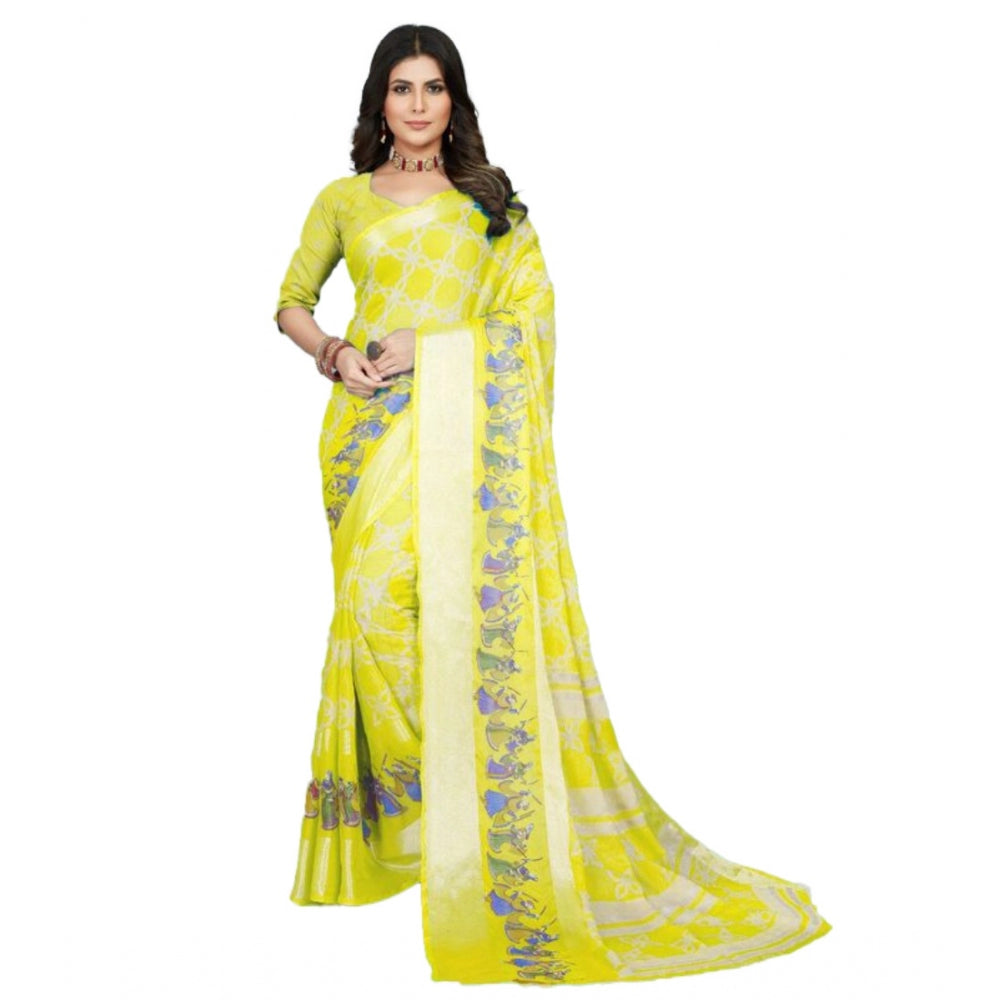 Amfyn Women's Moss Chiffon Printed Saree With Unstitched Blouse (Yellow, 5-5 Mtrs)