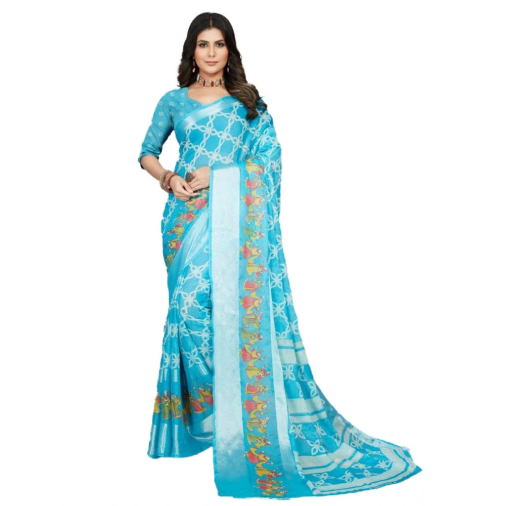 Amfyn Women's Moss Chiffon Printed Saree With Unstitched Blouse (Sky Blue, 5-5 Mtrs)