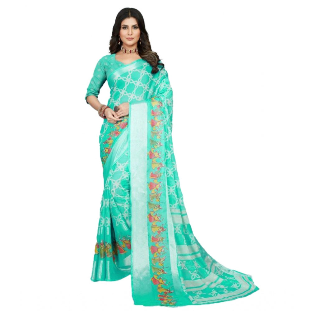Amfyn Women's Moss Chiffon Printed Saree With Unstitched Blouse (Teal, 5-5 Mtrs)