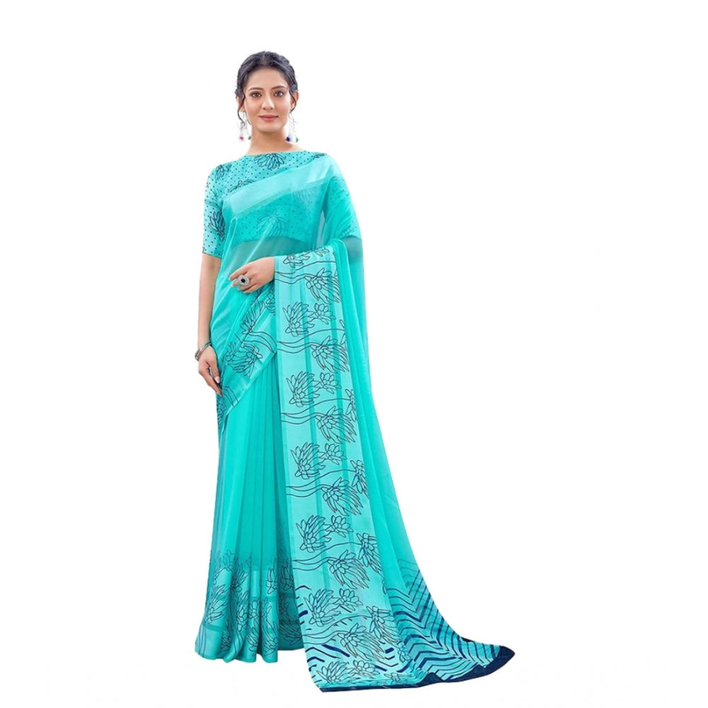 Amfyn Women's Sattin Patta Printed Saree With Unstitched Blouse (Skyblue, 5-5 Mtrs)