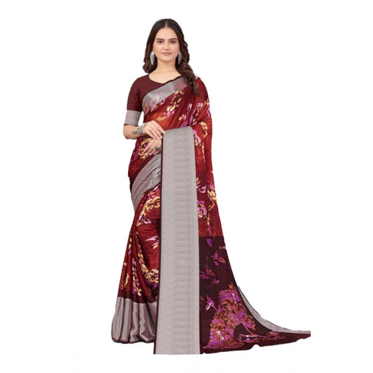 Amfyn Women's Chiffon Printed Saree With Unstitched Blouse (Maroon, 5-5 Mtrs)