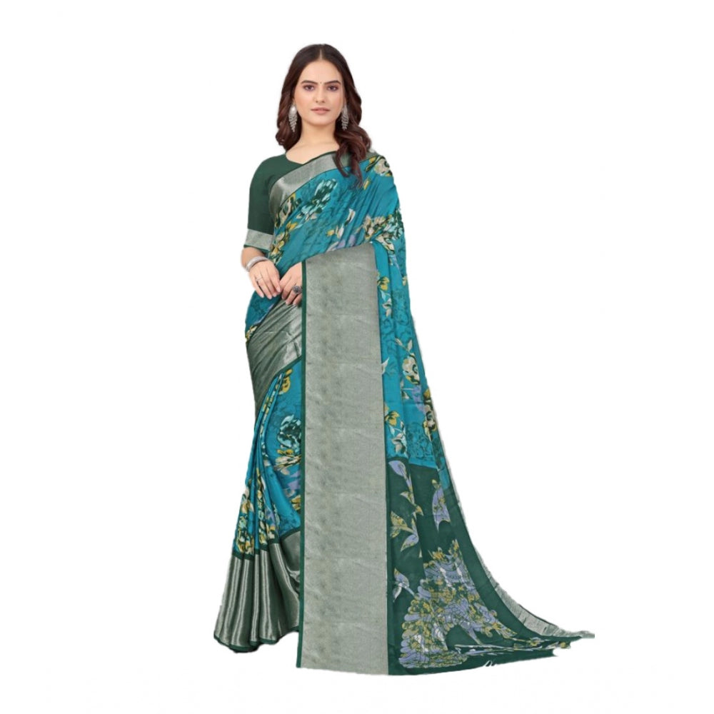 Amfyn Women's Chiffon Printed Saree With Unstitched Blouse (Sky Blue, 5-5 Mtrs)