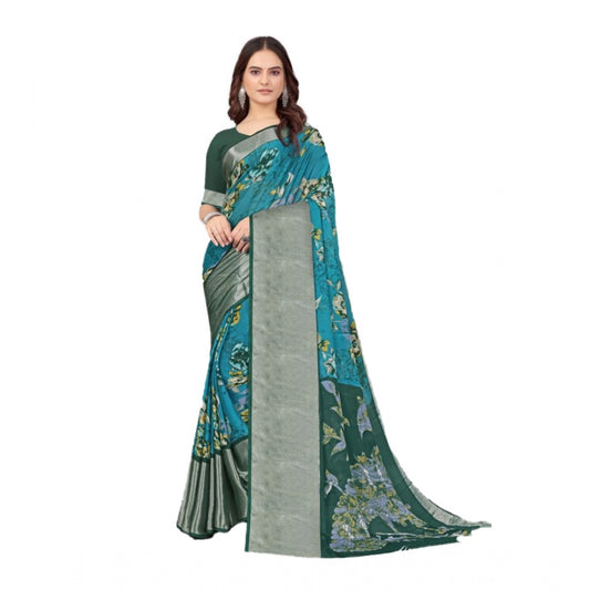 Amfyn Women's Chiffon Printed Saree With Unstitched Blouse (Sky Blue, 5-5 Mtrs)
