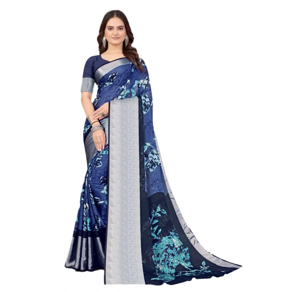 Amfyn Women's Chiffon Printed Saree With Unstitched Blouse (Navy Blue, 5-5 Mtrs)