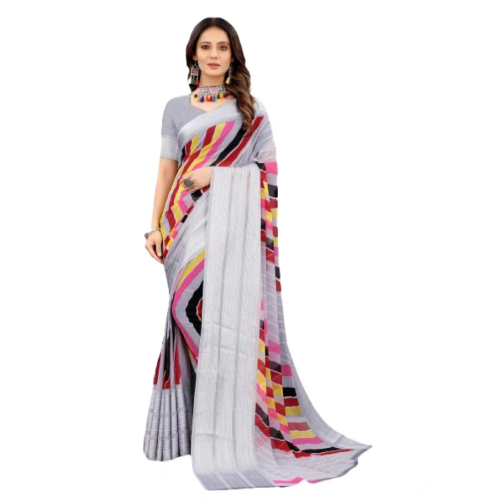 Amfyn Women's Sattin Patta Printed Saree With Unstitched Blouse (Grey, 5-5 Mtrs)