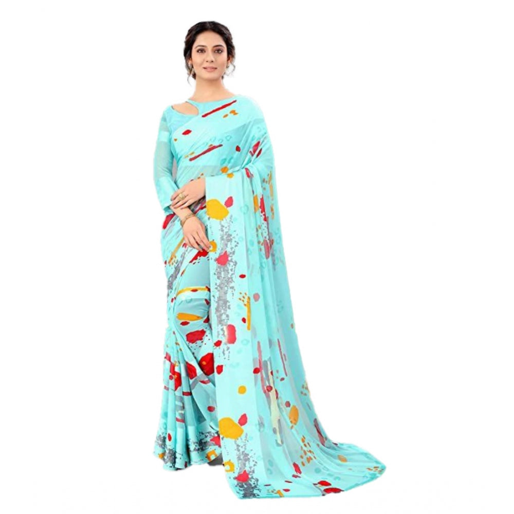 Amfyn Women's Sattin Patta Printed Saree With Unstitched Blouse (Skyblue, 5-5 Mtrs)