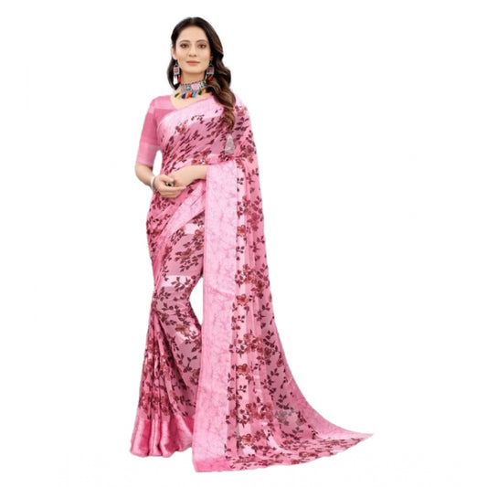 Amfyn Women's Sattin Patta Printed Saree With Unstitched Blouse (Pink, 5-5 Mtrs)