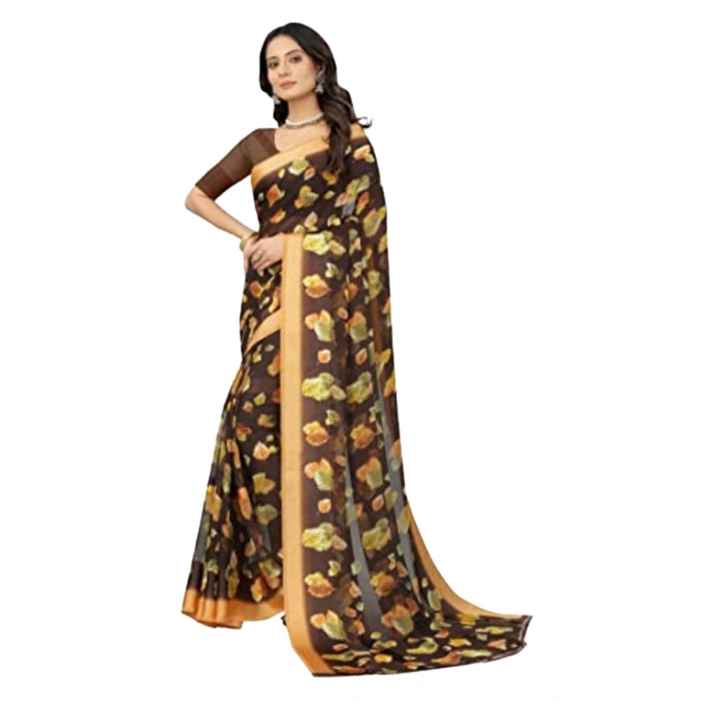 Amfyn Women's Sattin Patta Printed Saree With Unstitched Blouse (Brown, 5-5 Mtrs)