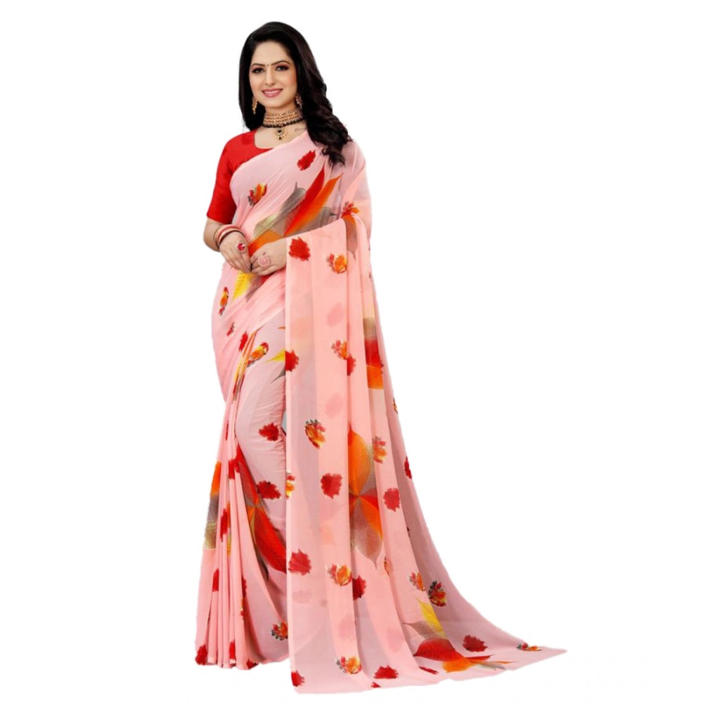 Amfyn Women's Georgette Printed Saree With Unstitched Blouse (Pink, 5-5 Mtrs)