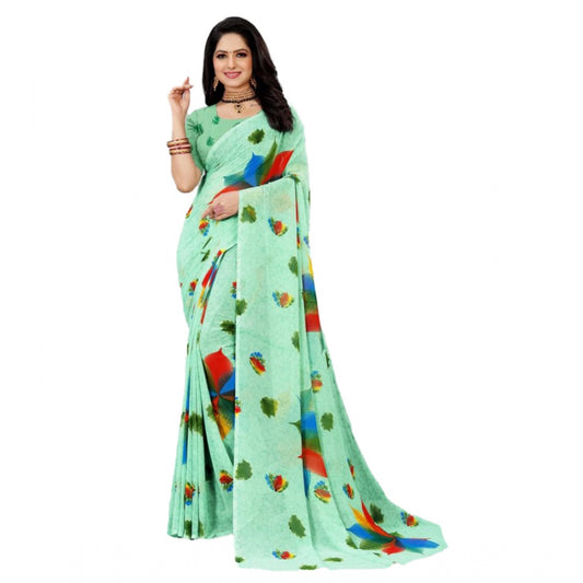 Amfyn Women's Georgette Printed Saree With Unstitched Blouse (Teal, 5-5 Mtrs)