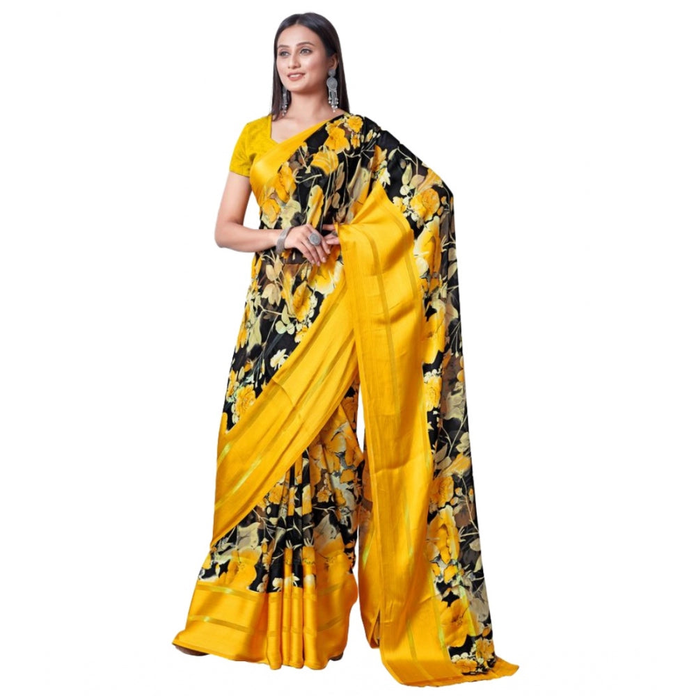Amfyn Women's Sattin Patta Printed Saree With Unstitched Blouse (Yellow, 5-5 Mtrs)