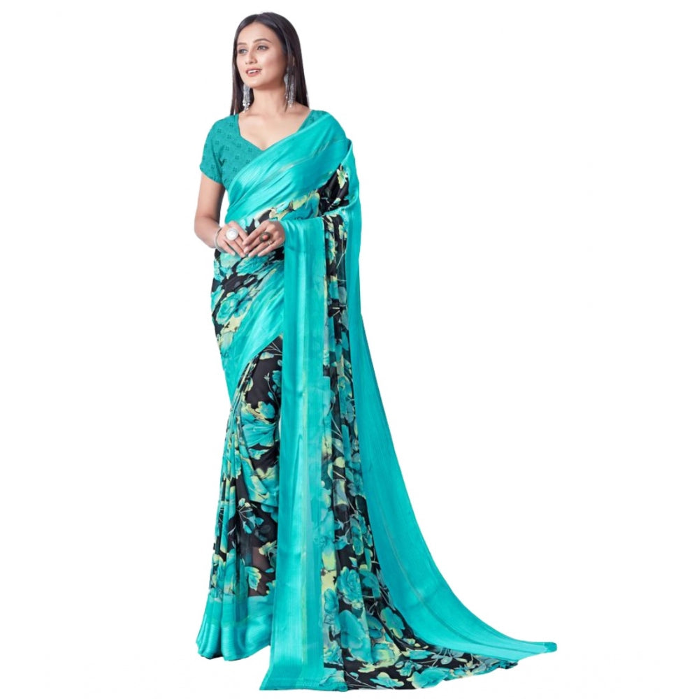 Amfyn Women's Sattin Patta Printed Saree With Unstitched Blouse (Blue, 5-5 Mtrs)
