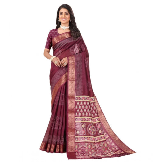 Amfyn Women's Cotton Printed Saree With Unstitched Blouse (Maroon, 5-5 Mtrs)