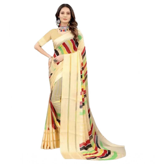 Amfyn Women's Sattin Patta Printed Saree With Unstitched Blouse (Yellow, 5-5 Mtrs)