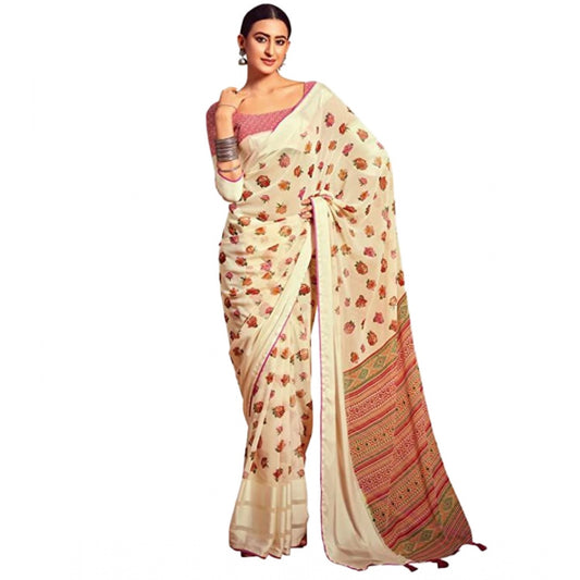 Amfyn Women's Sattin Patta Printed Saree With Unstitched Blouse (Cream, 5-5 Mtrs)