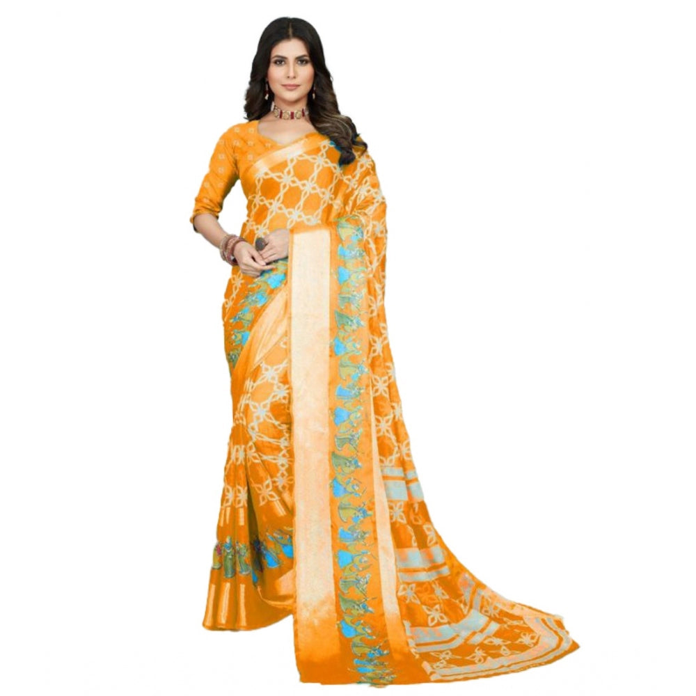 Amfyn Women's Moss Chiffon Printed Saree With Unstitched Blouse (Orange, 5-5 Mtrs)