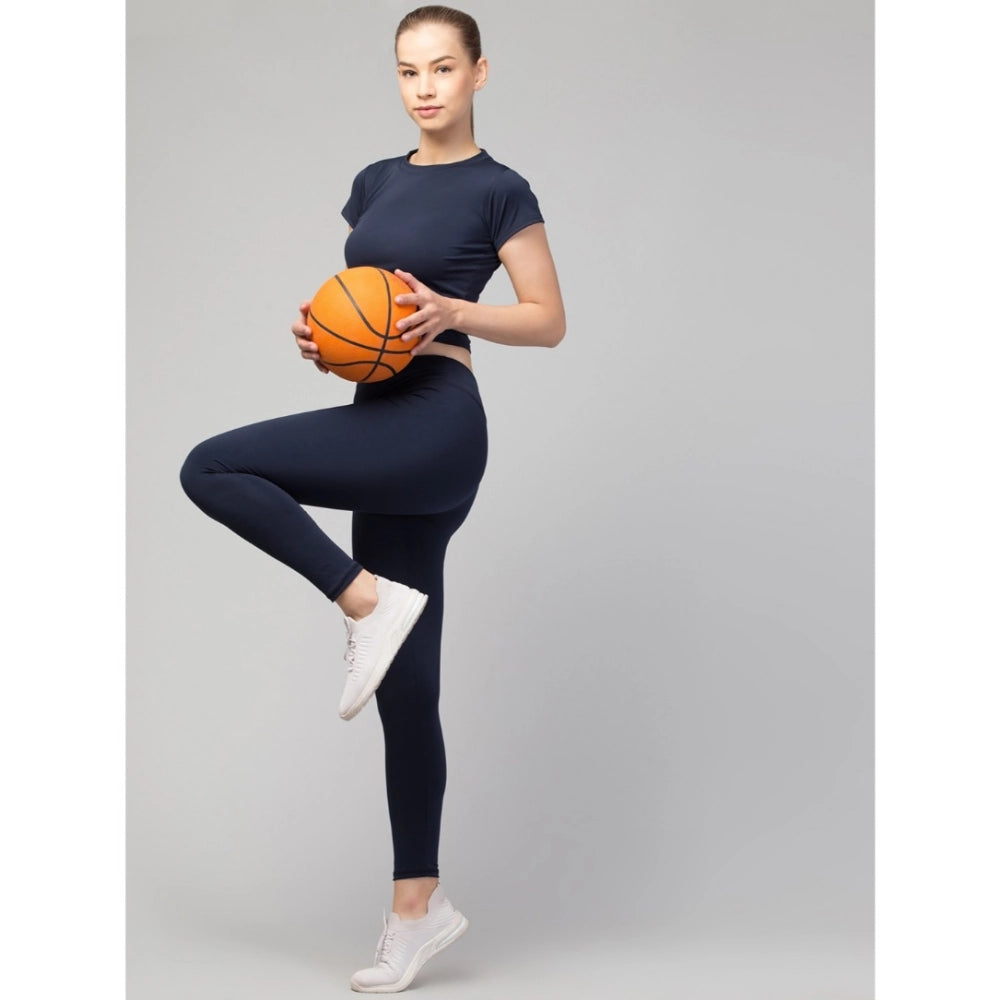 Amfyn Women's Polyester Solid Ankle Length High-Rise Tights (Navy)