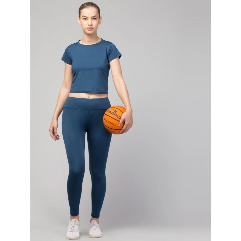 Amfyn Women's Polyester Solid Ankle Length High-Rise Tights (Teal)