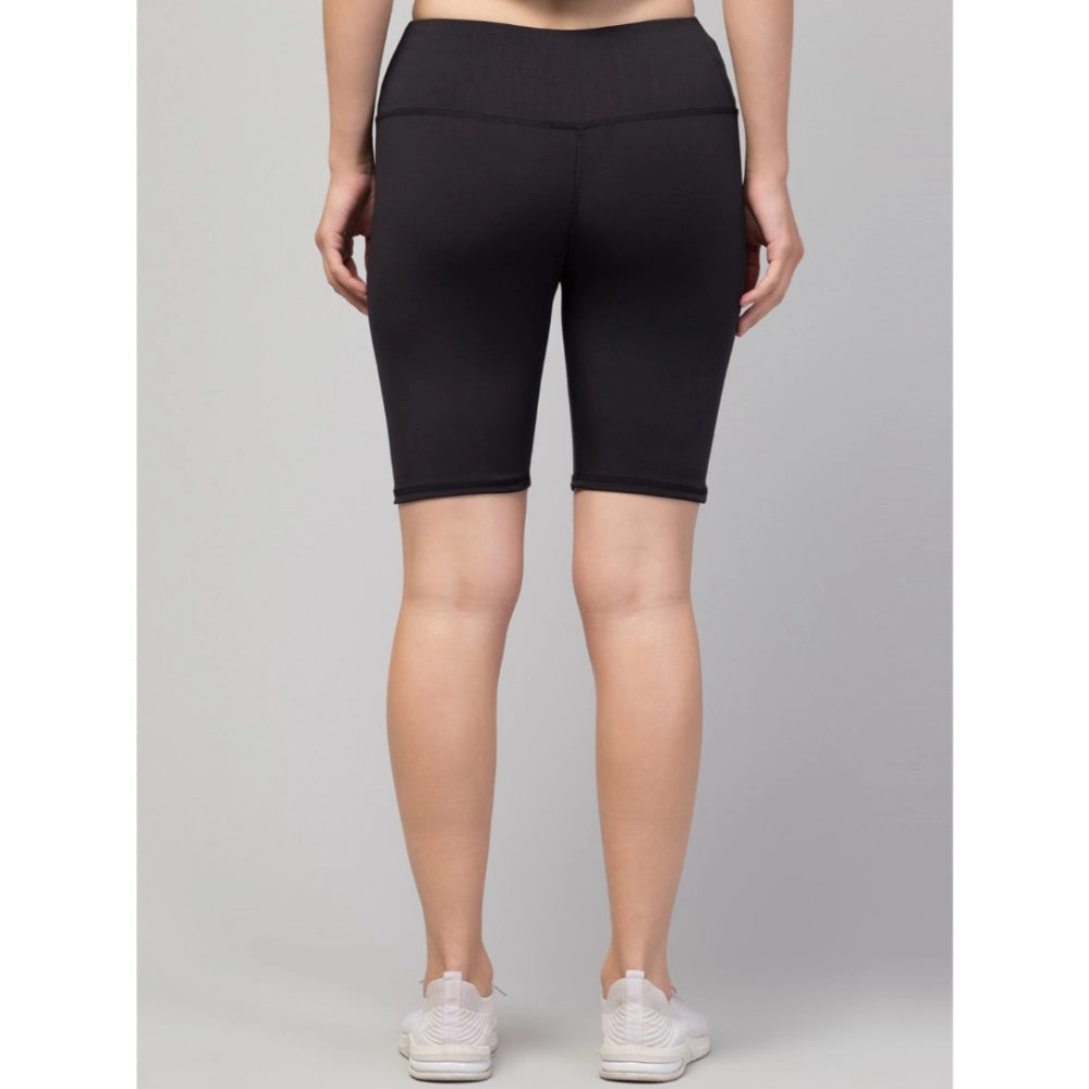Amfyn Women's Polyester Solid Above Knee High-Rise Shorts (Black)