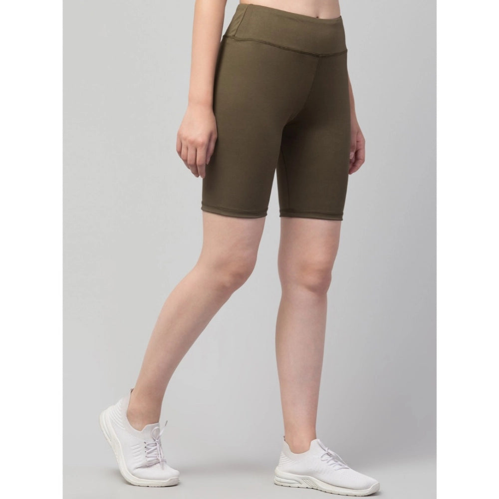 Amfyn Women's Polyester Solid Above Knee High-Rise Shorts (Olive)