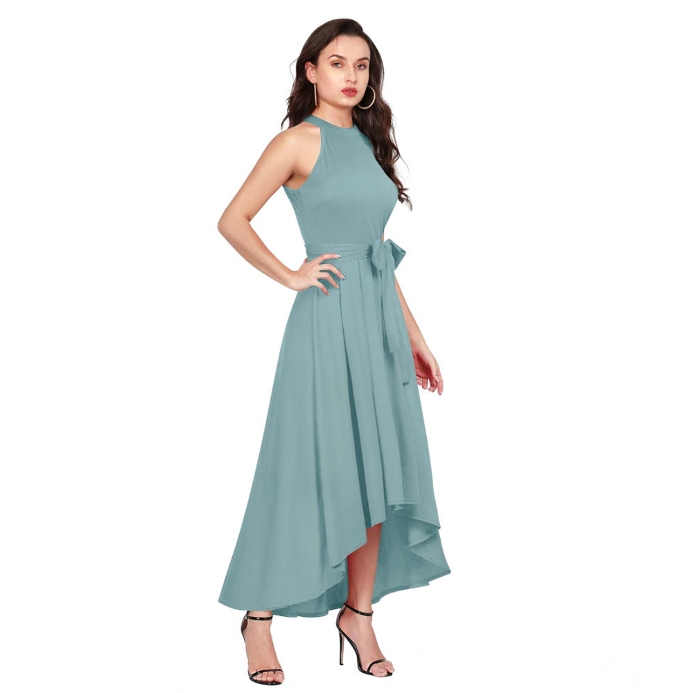 Amfyn Women's Polyester Solid Halter Neck Sleeveless Dress (Pista)