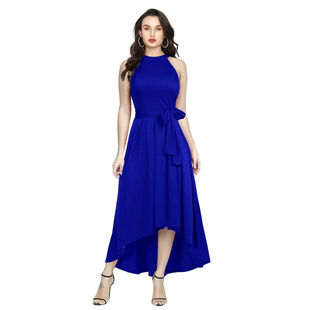 Amfyn Women's Polyster Solid Halter Neck Sleeveless Dress (Royal Blue)