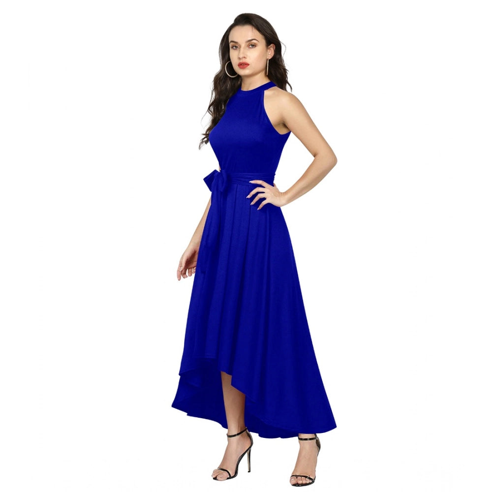 Amfyn Women's Polyster Solid Halter Neck Sleeveless Dress (Royal Blue)