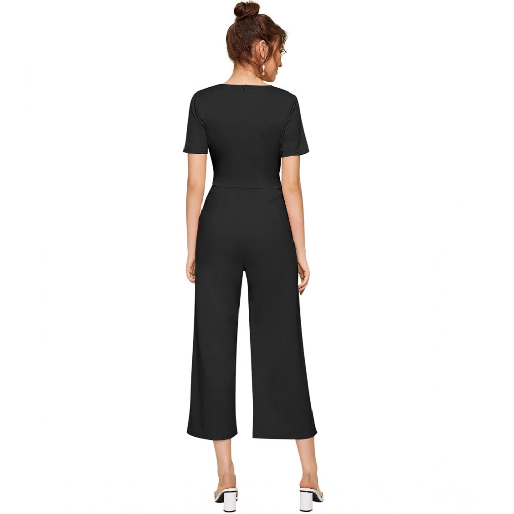 Amfyn Women's Knitting stretchable Solid Round Neck Cap Sleeve Jumpsuit (Black)