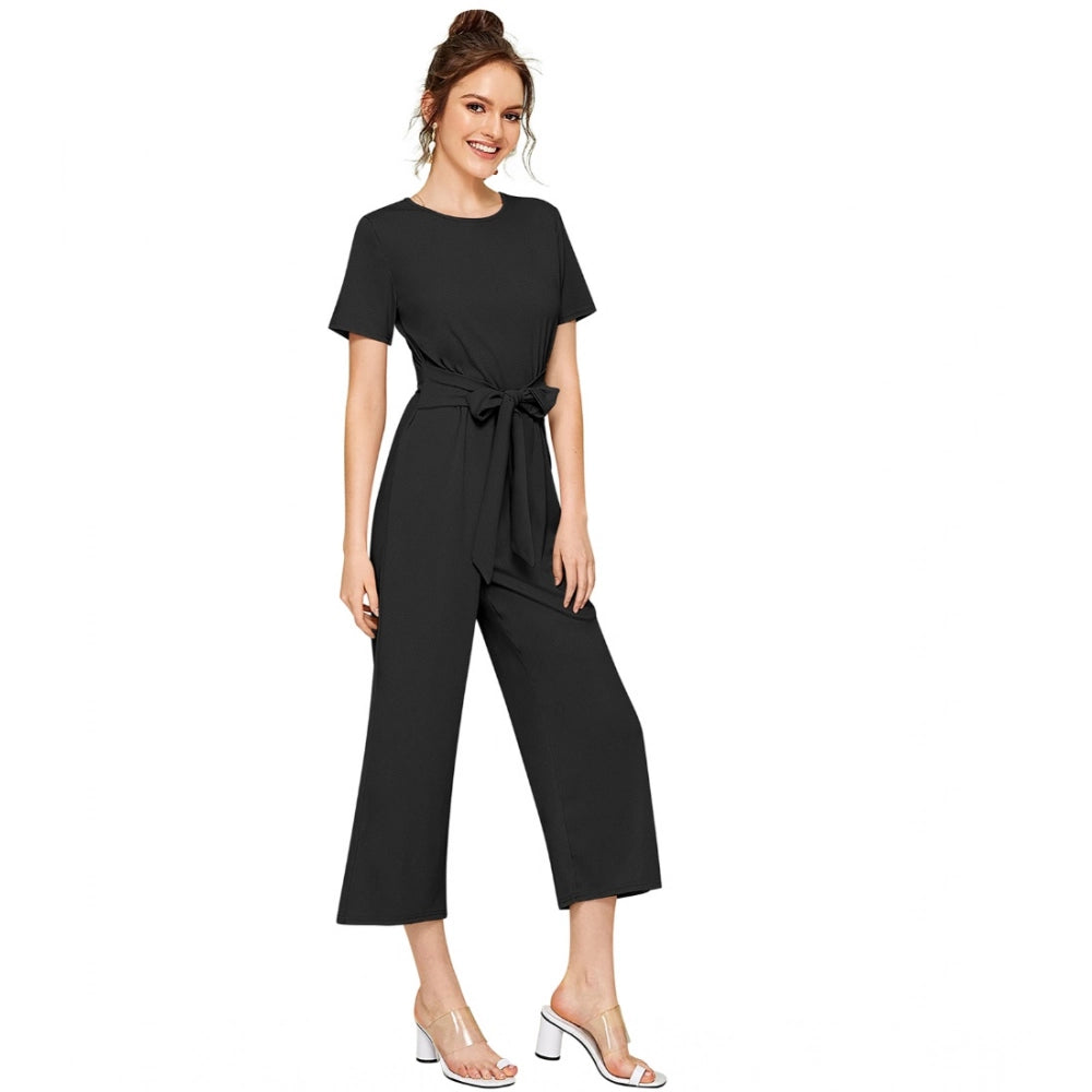 Amfyn Women's Knitting stretchable Solid Round Neck Cap Sleeve Jumpsuit (Black)