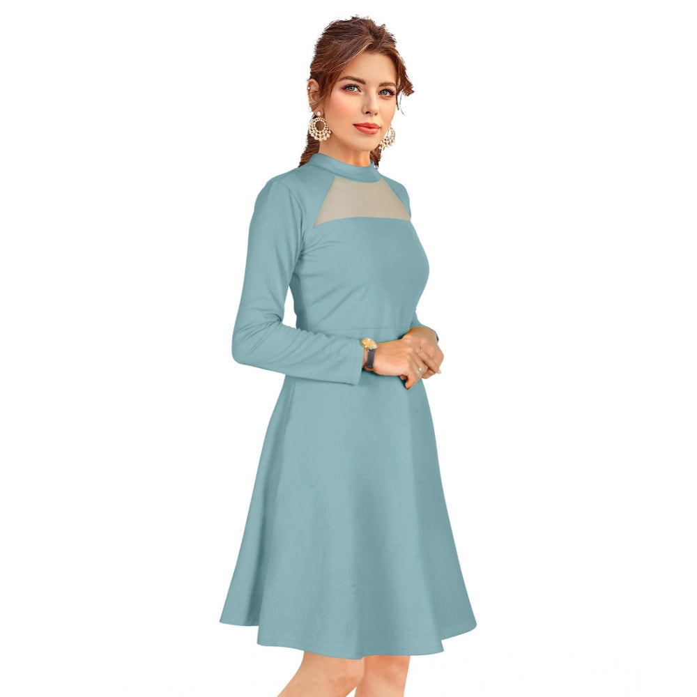 Amfyn Women's Knitting stretchable Solid Round Neck Full Sleeve Dress (Pista)