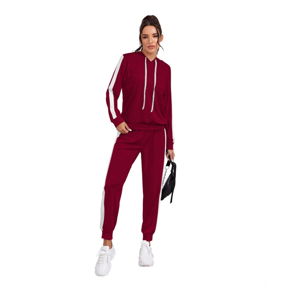 Amfyn Women's Knitting stretchable Solid Hooded Neck Full Sleeve Track Suit (Maroon)