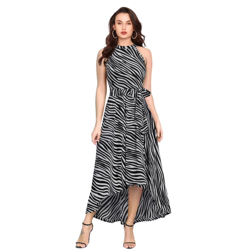 Amfyn Women's Polyester Zebra Pattern Halter Neck Sleeveless Dress (Navy Blue)