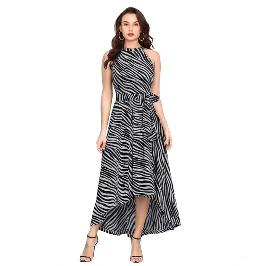 Amfyn Women's Polyester Zebra Pattern Halter Neck Sleeveless Dress (Navy Blue)