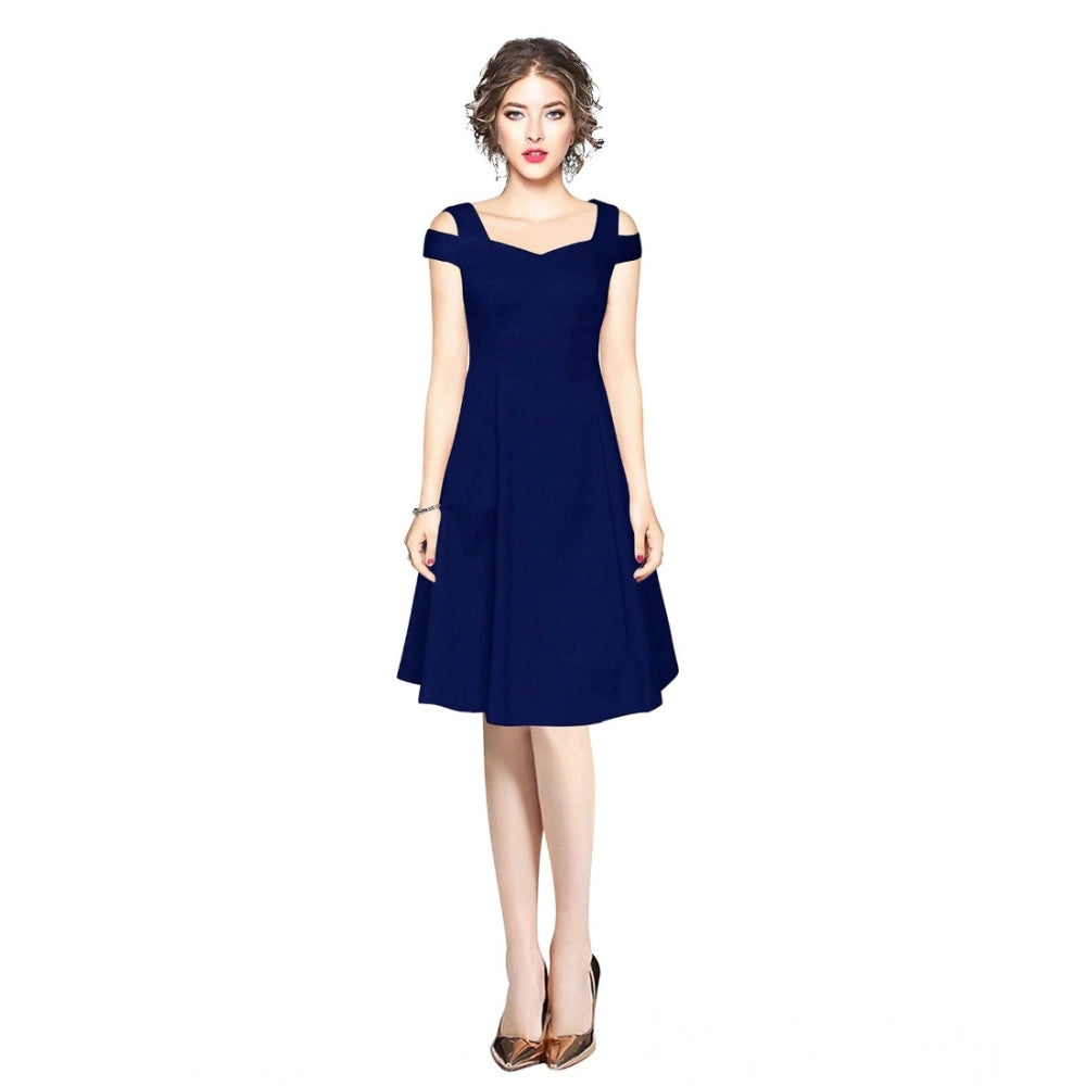 Amfyn Women's Polyester Solid V Neck Cap Sleeve off Shoulder Dress (Blue)