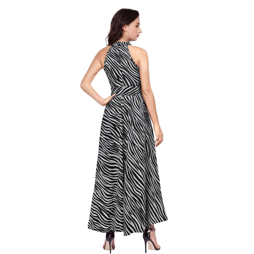 Amfyn Women's Polyester Zebra Pattern Halter Neck Sleeveless Dress (Navy Blue)