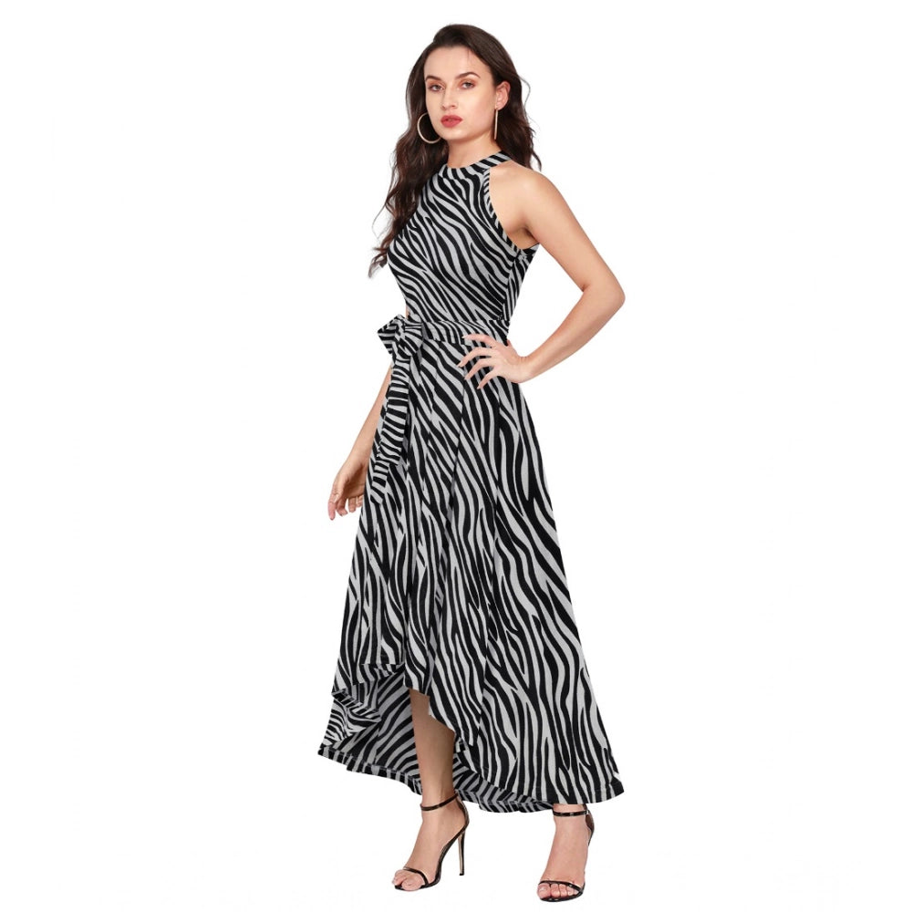 Amfyn Women's Polyester Zebra Pattern Halter Neck Sleeveless Dress (Navy Blue)