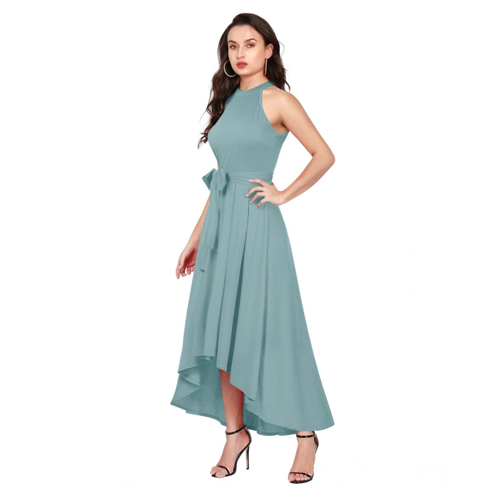 Amfyn Women's Polyester Solid Halter Neck Sleeveless Dress (Pista)