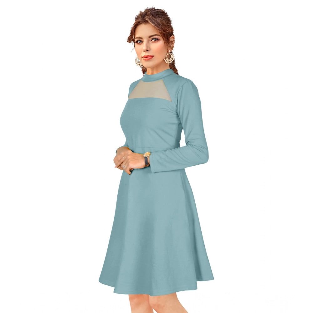Amfyn Women's Knitting stretchable Solid Round Neck Full Sleeve Dress (Pista)