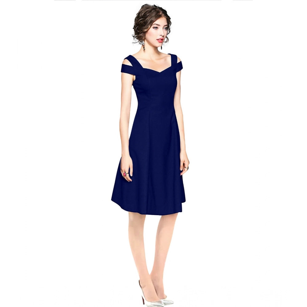 Amfyn Women's Polyester Solid V Neck Cap Sleeve off Shoulder Dress (Blue)