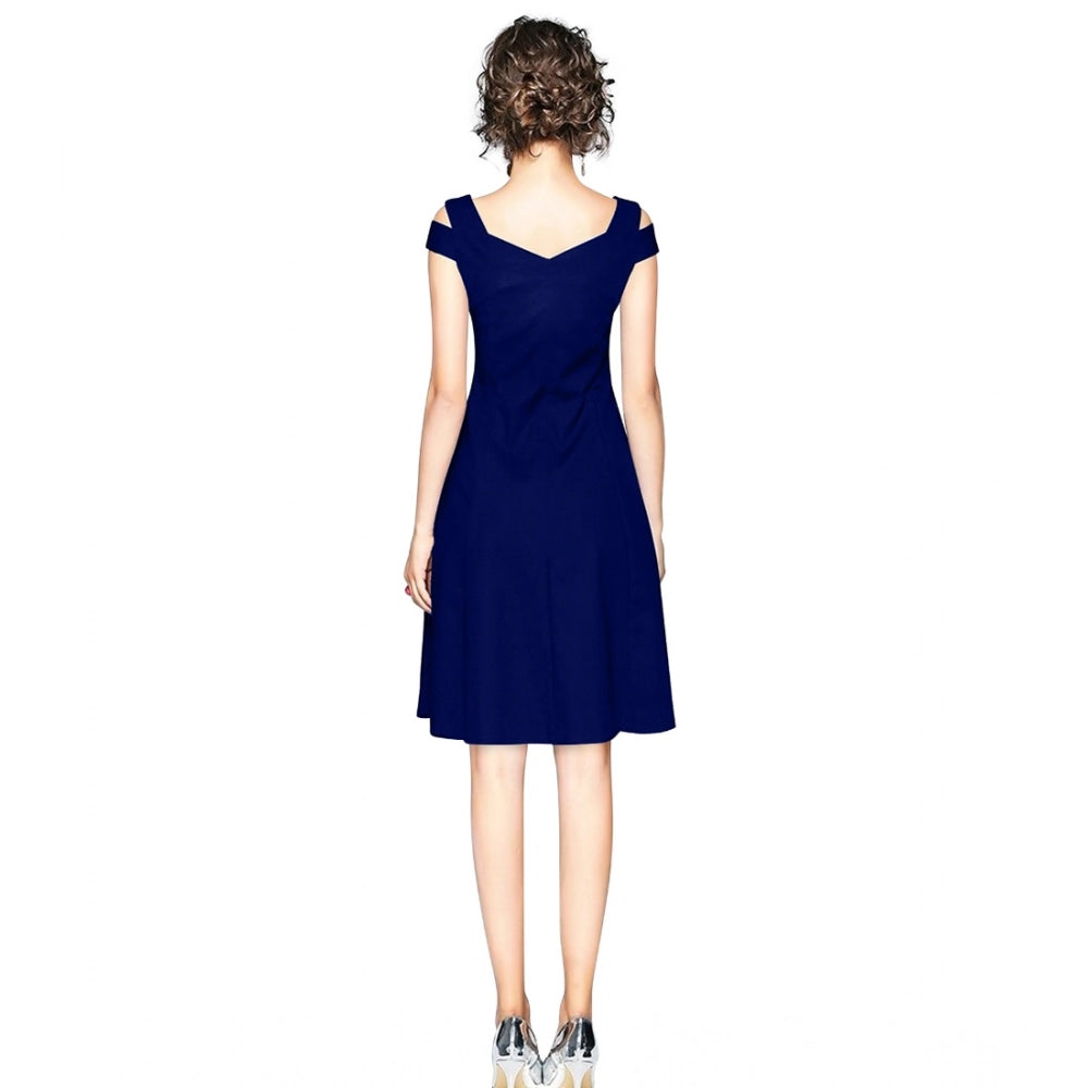 Amfyn Women's Polyester Solid V Neck Cap Sleeve off Shoulder Dress (Blue)