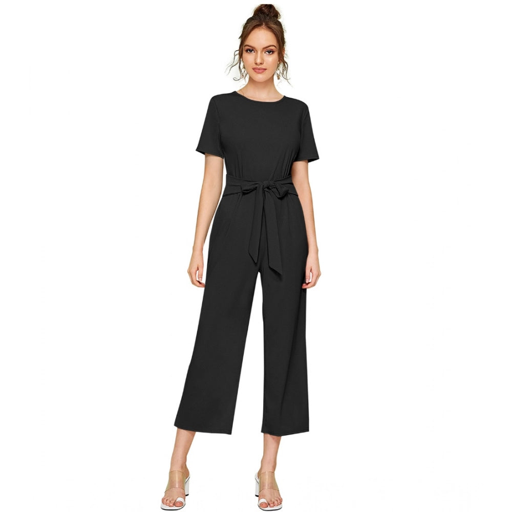 Amfyn Women's Knitting stretchable Solid Round Neck Cap Sleeve Jumpsuit (Black)