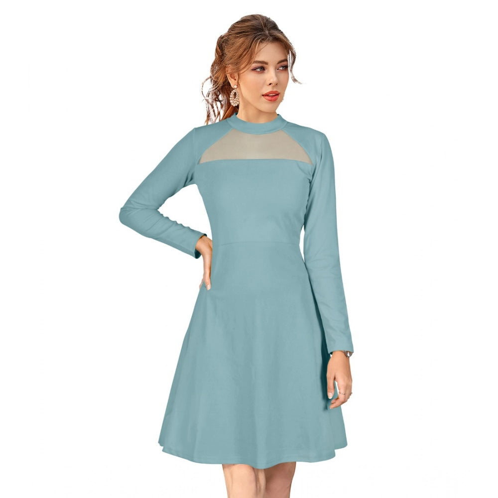 Amfyn Women's Knitting stretchable Solid Round Neck Full Sleeve Dress (Pista)