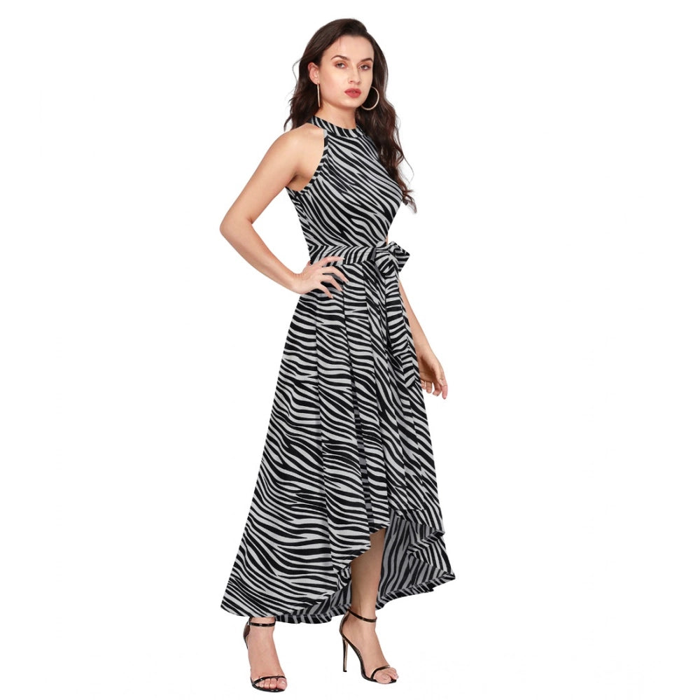 Amfyn Women's Polyester Zebra Pattern Halter Neck Sleeveless Dress (Navy Blue)