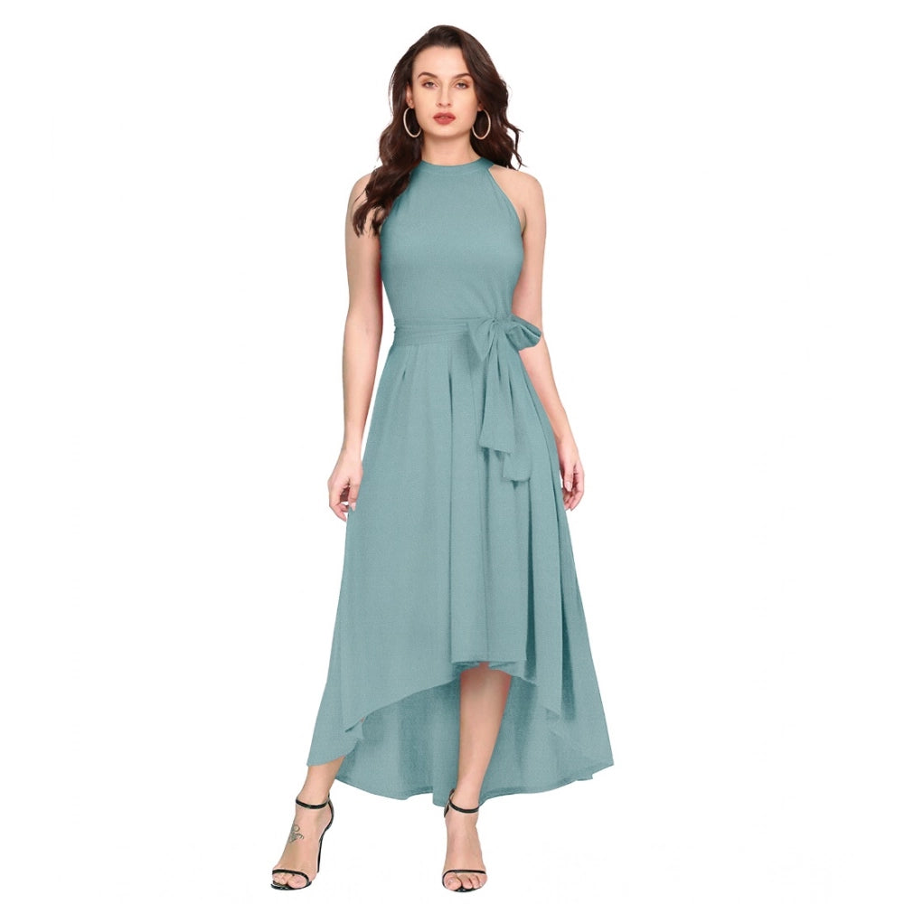 Amfyn Women's Polyester Solid Halter Neck Sleeveless Dress (Pista)