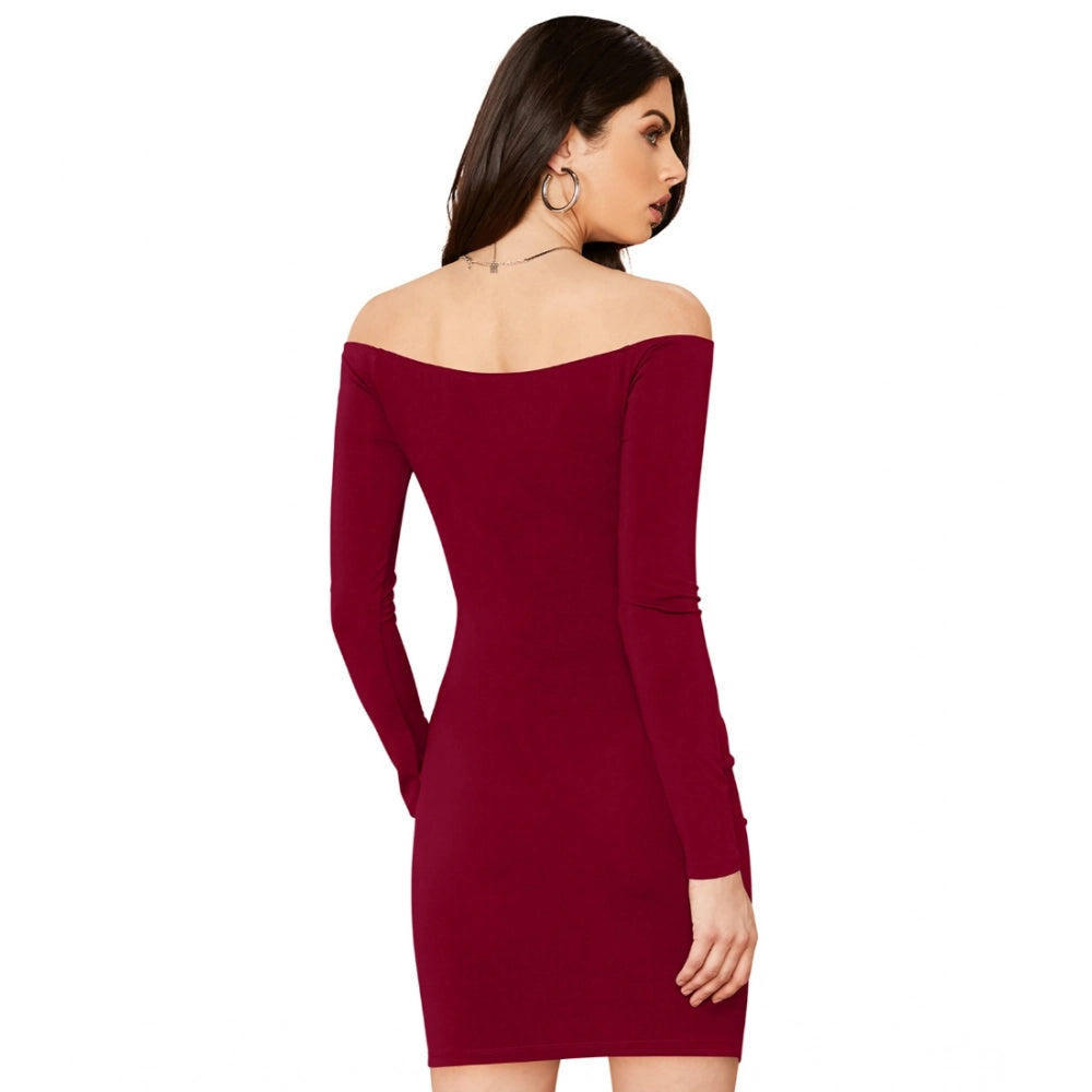 Amfyn Women's Knitting stretchable Solid V Neck Full Sleeve Dress (Maroon)