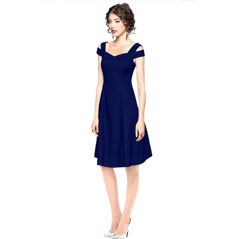 Amfyn Women's Polyester Solid V Neck Cap Sleeve off Shoulder Dress (Blue)