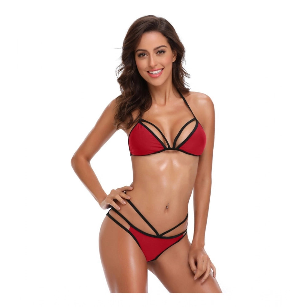 Amfyn Women's Polyester Spandex Solid Brazilian Bikini Set (Red, Free Size: Fit to S, M, L)