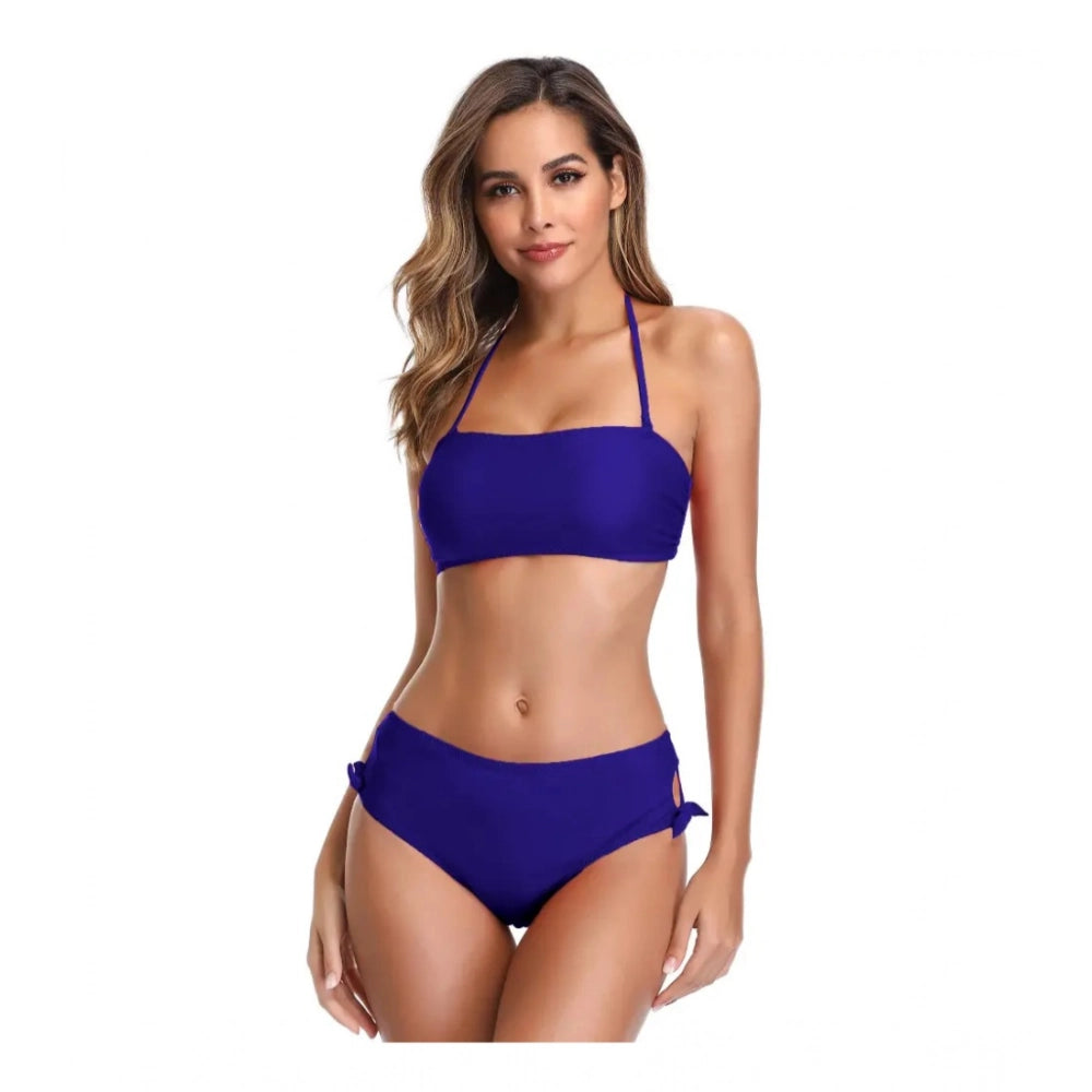 Amfyn Women's Polyester Spandex Solid High Waist Bikini Set (Royal Blue, Free Size: Fit to S, M, L)