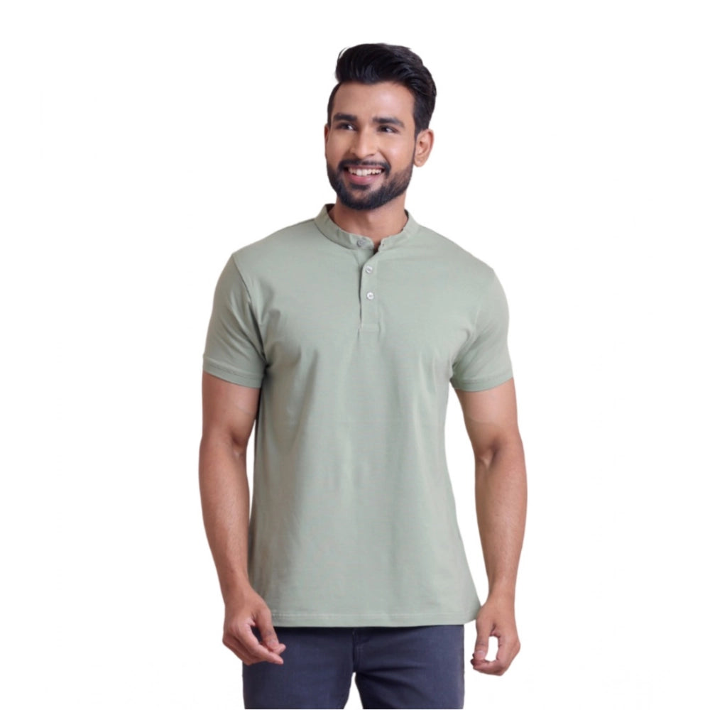 Amfyn Men's Casual Cotton Solid Half Sleeve Mandarin Collar T-Shirt (Newsage)